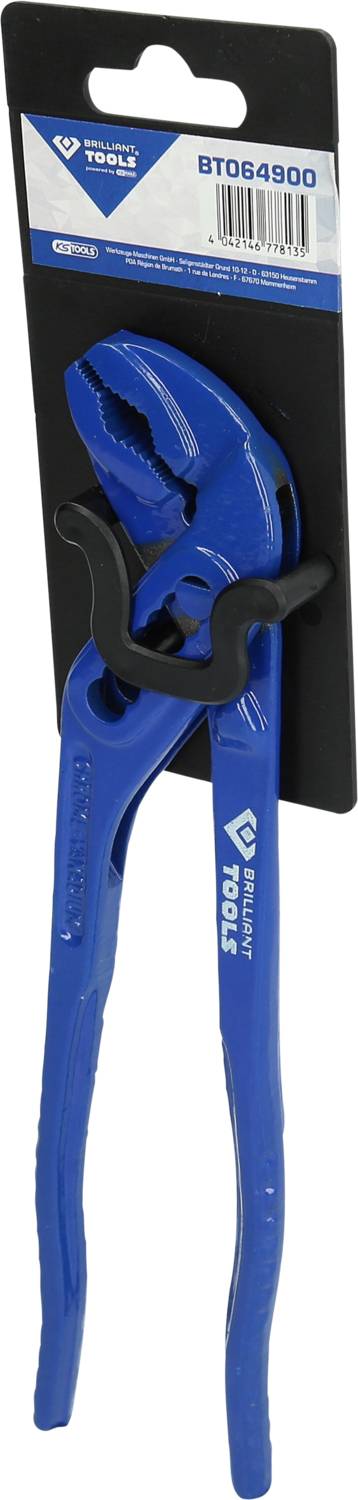 Eine blaue Rohrzange der Marke Brilliant TOOLS, Modellnummer BT064900, auf einer schwarzen Verpackungskarte.