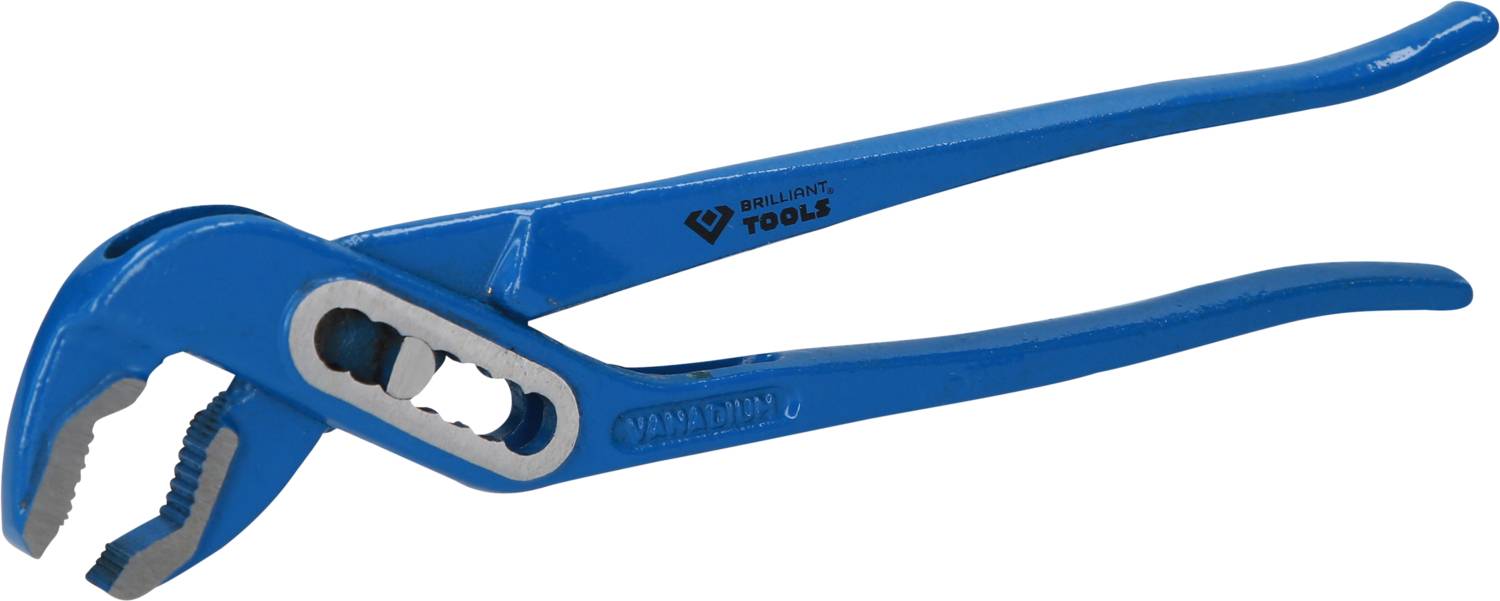 Eine blaue Wasserpumpenzange mit einem verstellbaren Gelenk und gezahnten Backen für das Greifen von Objekten unterschiedlicher Größe.