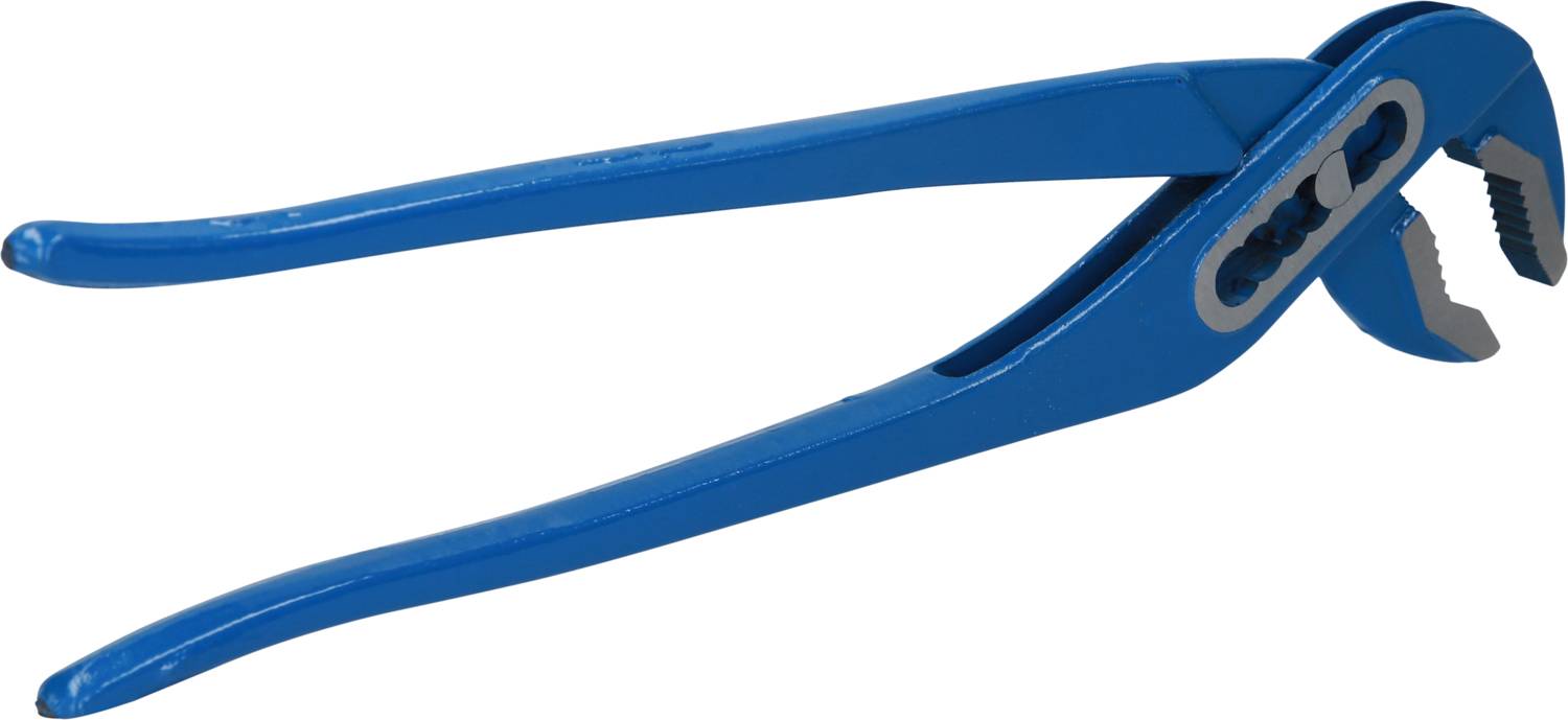 Eine blaue Wasserpumpenzange mit verstellbaren Greifbacken, geeignet zum Greifen von Rohren und bündigen Oberflächen in Installationsarbeiten.