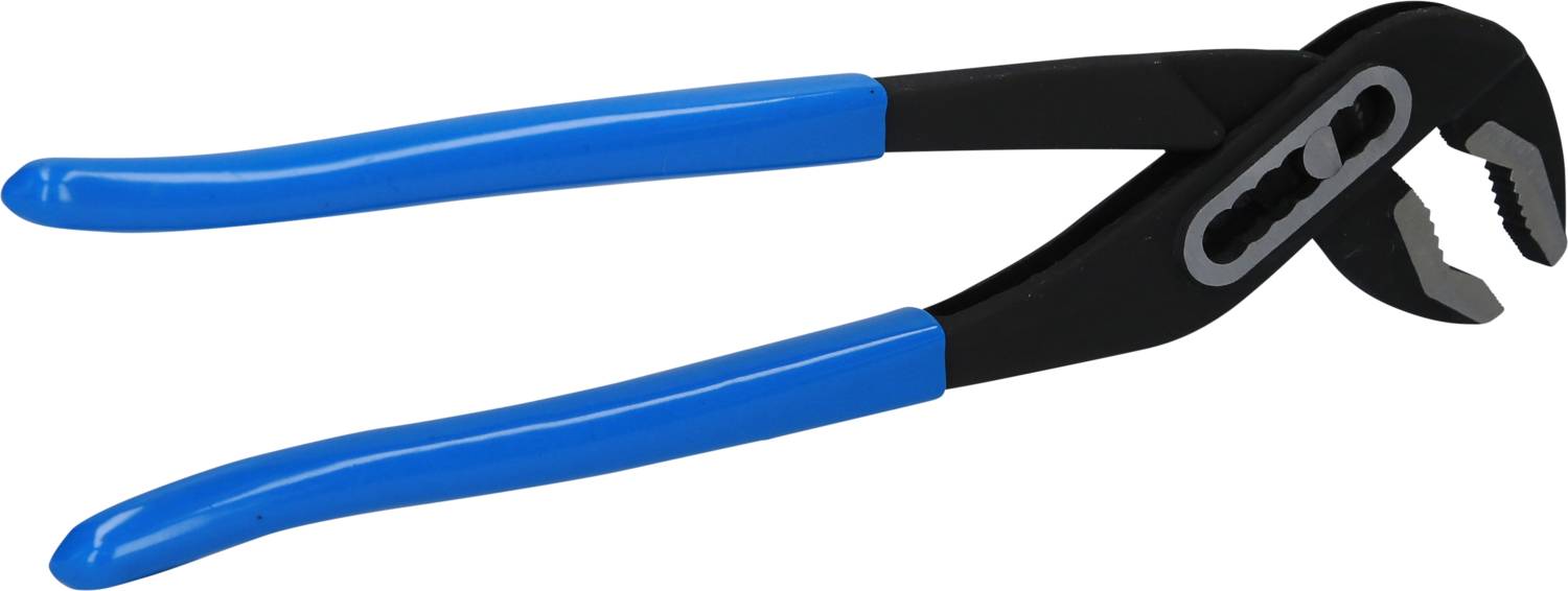 Eine Wasserpumpenzange mit blauen Griffen, die zum Greifen und Drehen von Gegenständen verwendet wird, auf weißem Hintergrund.