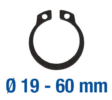 Ein schwarzer Sicherungsring mit einem Durchmesser von 19 bis 60 mm.
