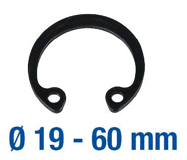 Schwarzer Sprengring mit zwei Löchern, Größe 'Ø 19 - 60 mm'.