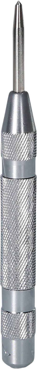 Silberner, zylindrischer Körner mit geriffelter Oberfläche und Spitze, verwendet zum Einstechen von Markierungen auf Metalloberflächen.