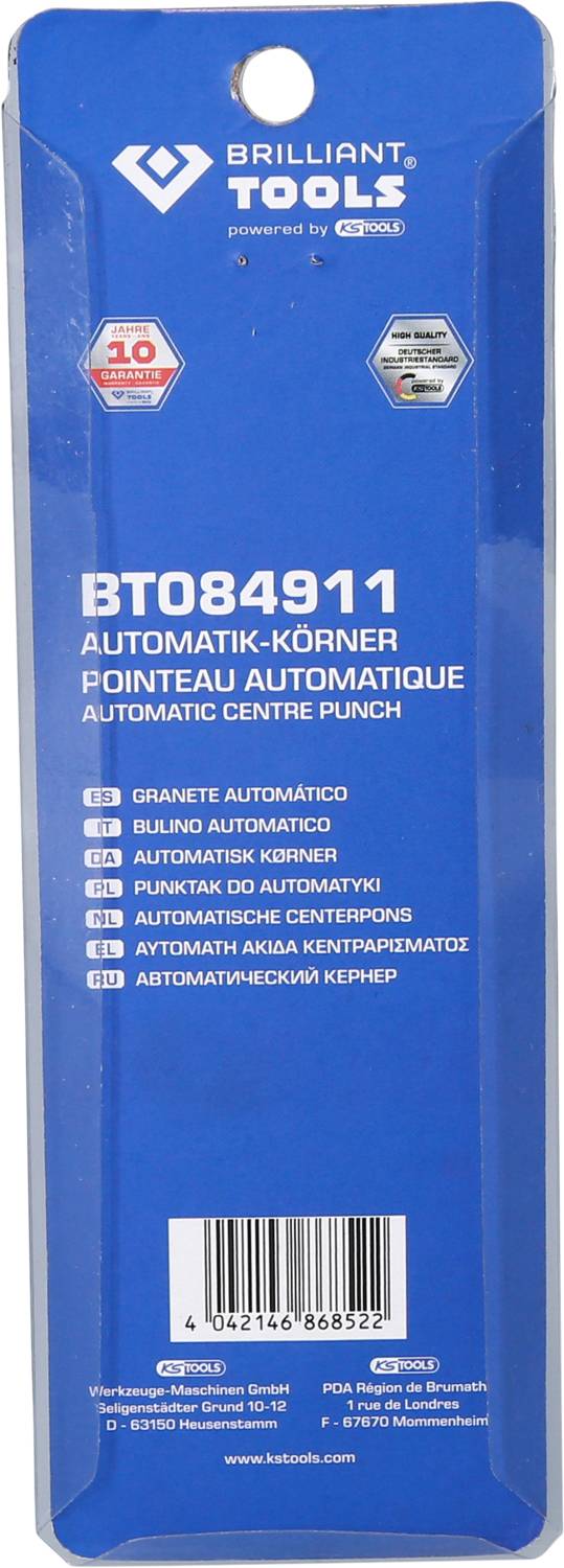 'Brilliant Tools Automatik-Körner BT084911' auf blauer Verpackung, enthält Texte in mehreren Sprachen und Sicherheitszertifikate.