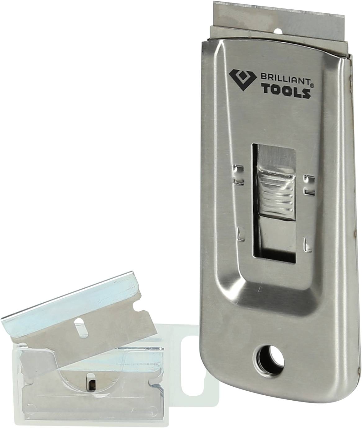 Ein silberner Glasschaber mit einer Klinge, daneben eine separate Ersatzklinge. Geeignet zum Entfernen von Aufklebern auf Glas.