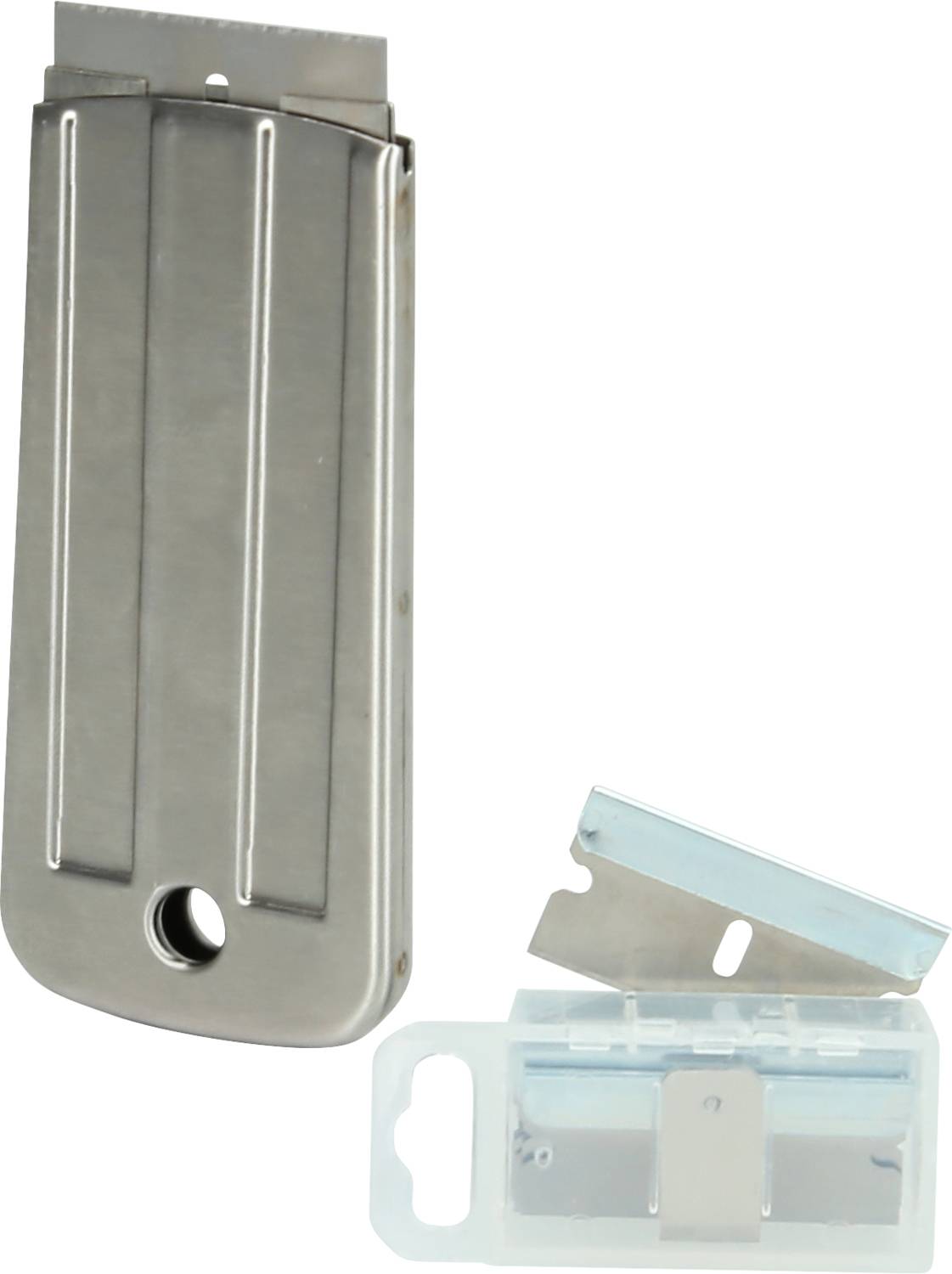 Ein Metall-Glasschaber mit einer Ersatzklinge in einer durchsichtigen Kunststoffhülle. Ideal zum Entfernen von Aufklebern.