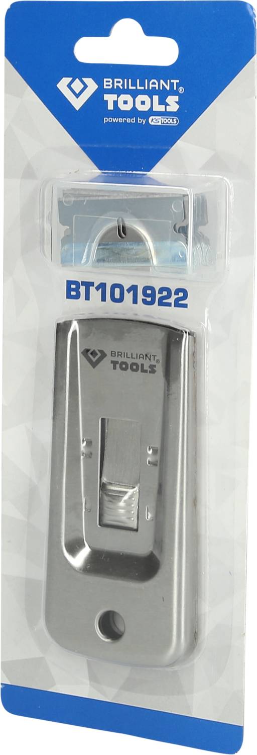 'Brilliant Tools' Schaber in Kunststoffverpackung. Modellnummer BT101922 auf blauem Hintergrund angezeigt.