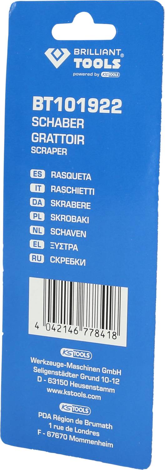 Verpackung eines Schabers mit der Artikelnummer BT101922 von Brilliant Tools. Die Rückseite listet 'Schaber' in verschiedenen Sprachen auf.