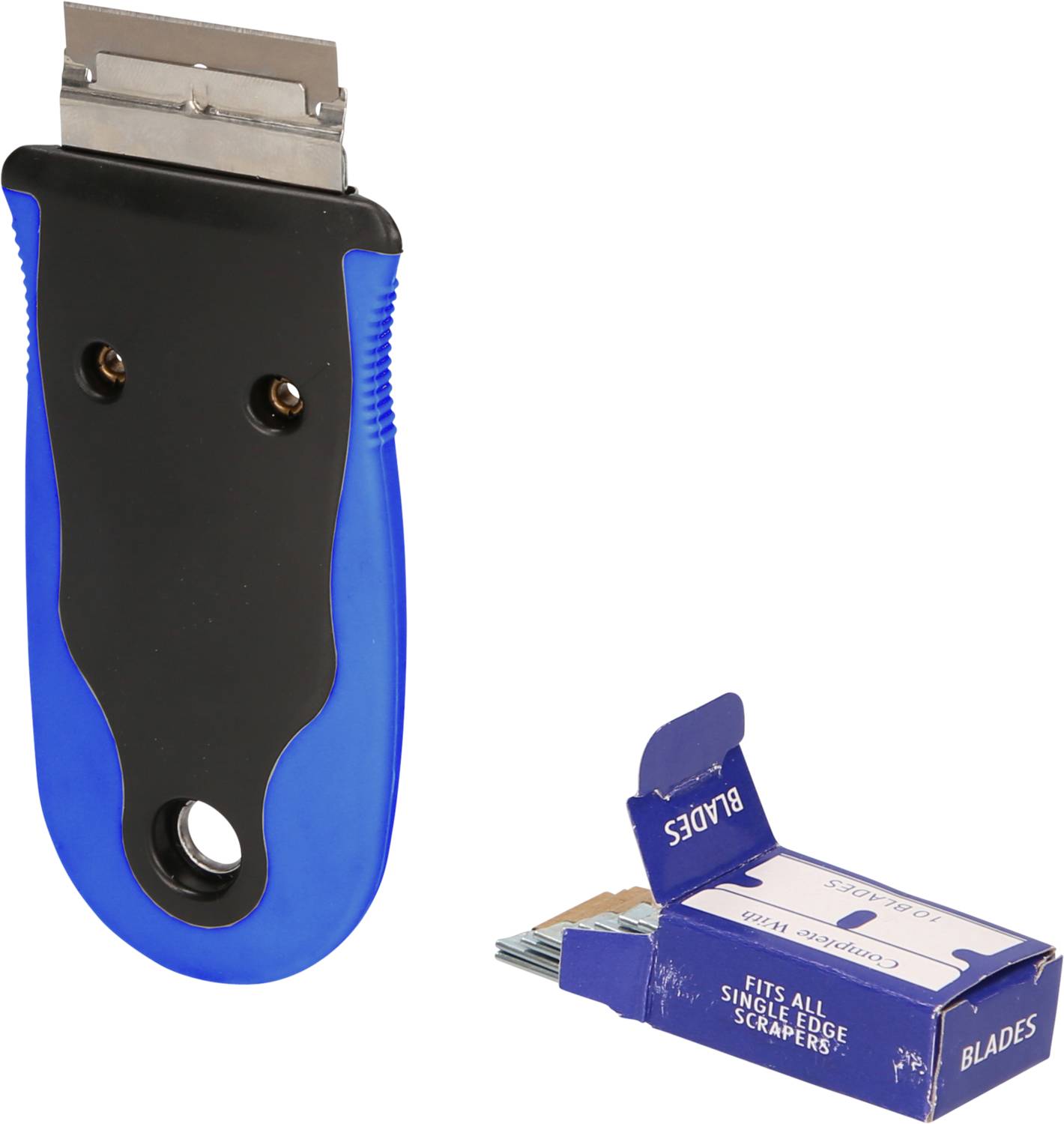 Handschaber mit blau-schwarzem Griff und offener Box mit Ersatzklingen rechts daneben.