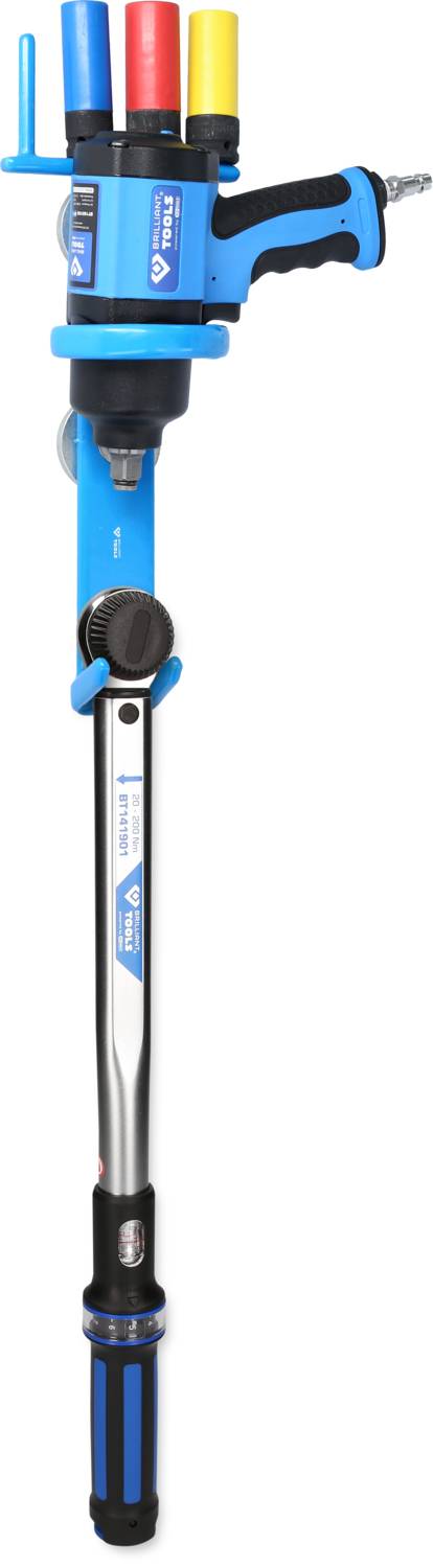 Pneumatischer Drehmomentschlüssel in Blau, oben mit Farbmarkierungen in Rot, Gelb, Blau, und schwarz-griff.