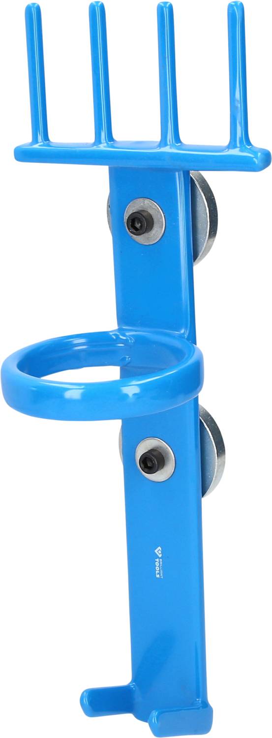 Ein blauer Wandhalter mit vier Haken und einem runden Halter darunter, montiert mit zwei runden Halterungen. Geeignet für Besen oder Werkzeuge.