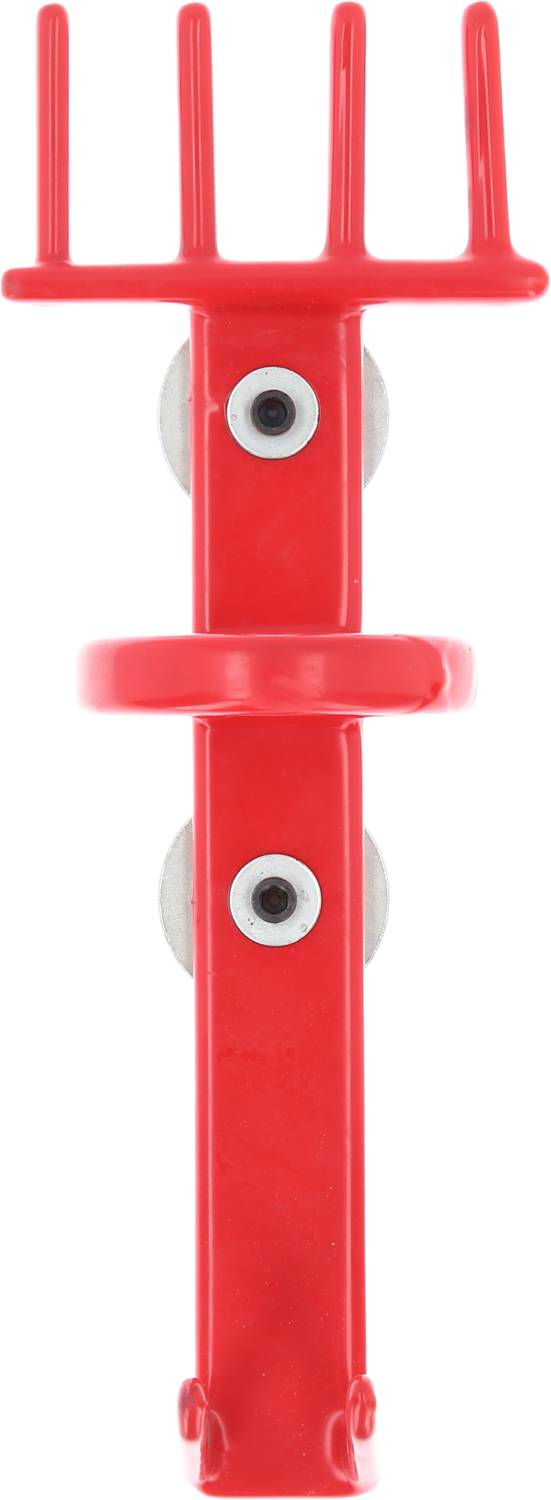 Roter magnetischer Haken in Form eines stilisierten Gesichts, bestehend aus zwei runden Augen und einem Haken als Mund.
