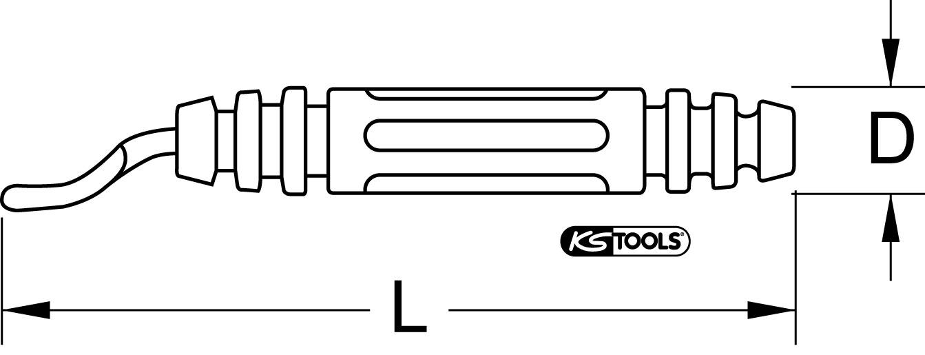 Diagramm eines Werkzeugs mit den Abmessungen L und D in Millimetern. Das Werkzeug hat ein Griffdesign mit Rillen. Marke 'KS Tools' sichtbar.