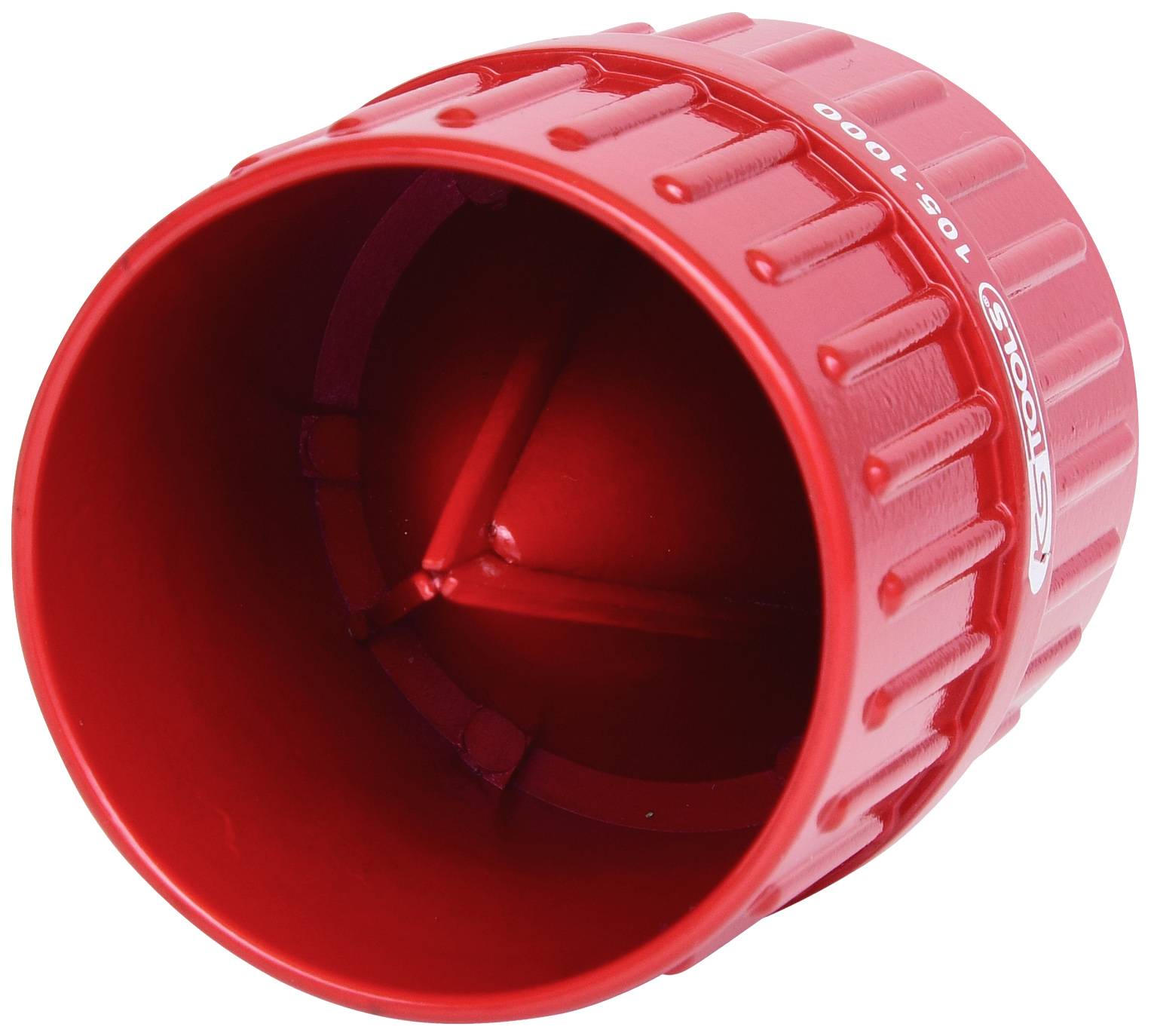 Rotes, zylindrisches Werkzeug mit geriffelter Außenseite, von oben betrachtet.