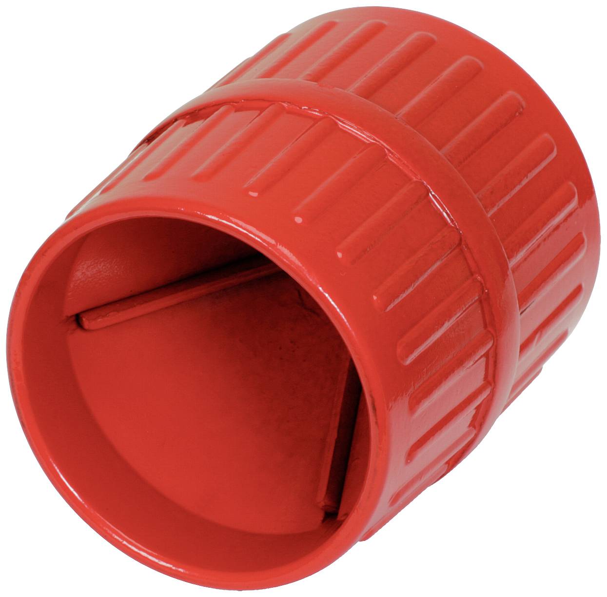 Rote Entgratungsbürste aus Kunststoff, zylindrische Form, gerippte Oberfläche; verwendet zum Glätten von Rohrkanten.