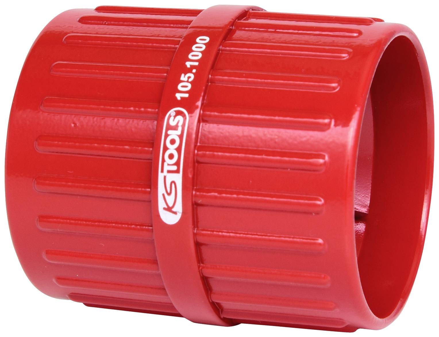 Roter Kunststoff-Rohrtrenner mit Längsgriffmuster und der Aufschrift 'KS TOOLS 105.1000'. Werkzeug zur Rohrbearbeitung.