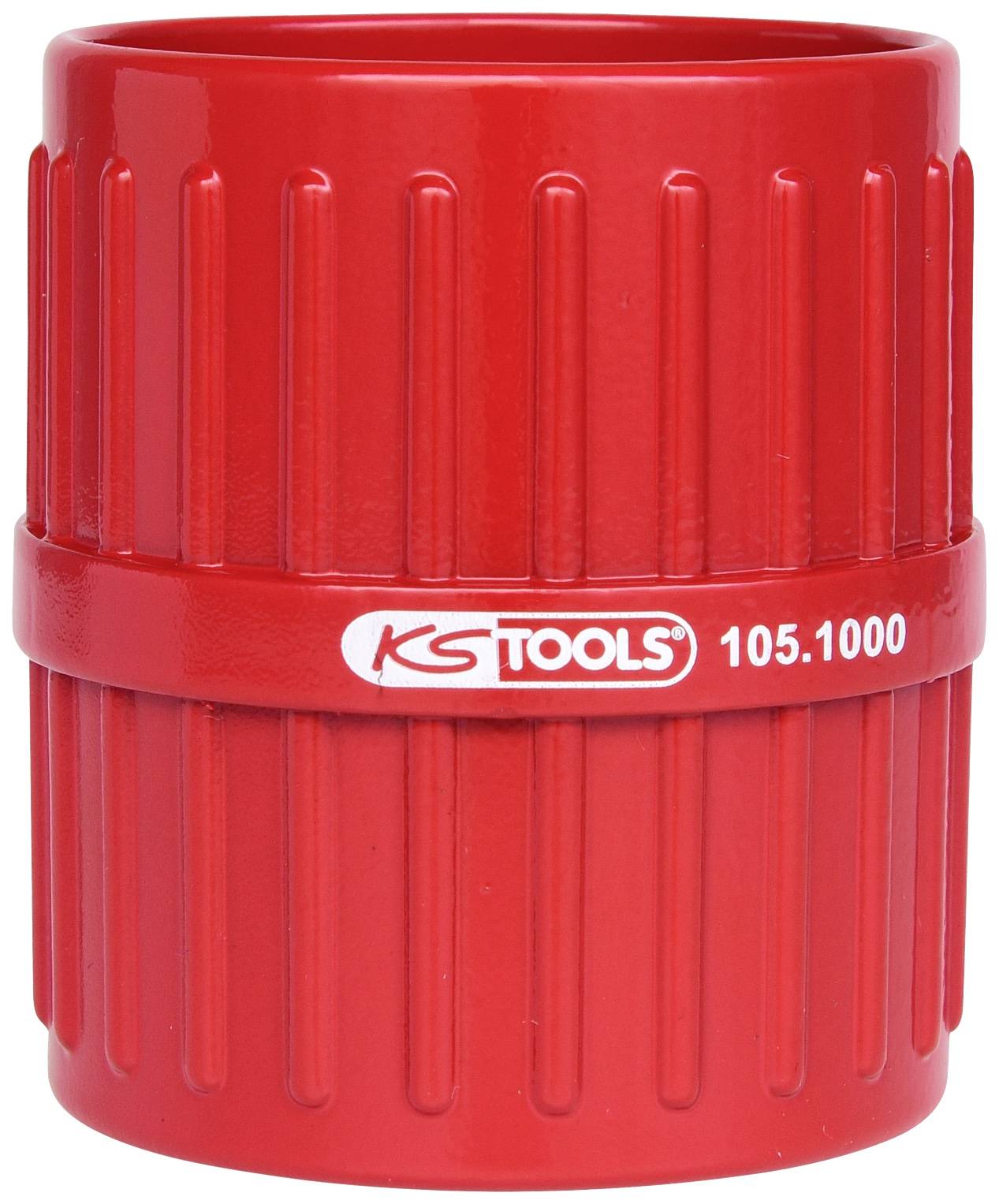 Roter, geriffelter Zylinder mit dem Aufdruck 'KS Tools 105.1000', vermutlich ein Werkzeugkoffer oder Behälter.