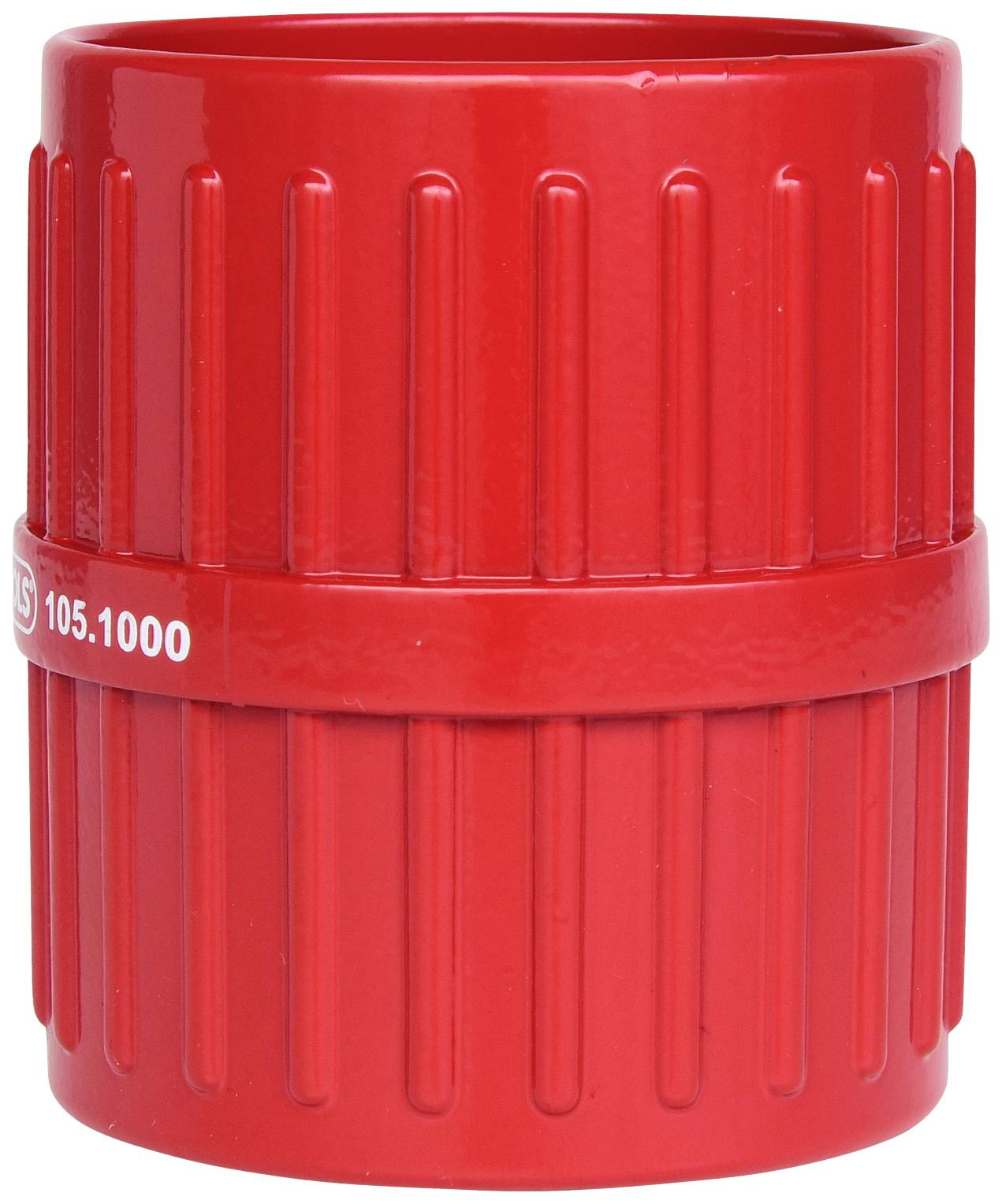 Rote, zylindrische Plastikhülle mit gerillter Oberfläche und einer umlaufenden Kante in der Mitte. Aufdruck: '105.1000'.