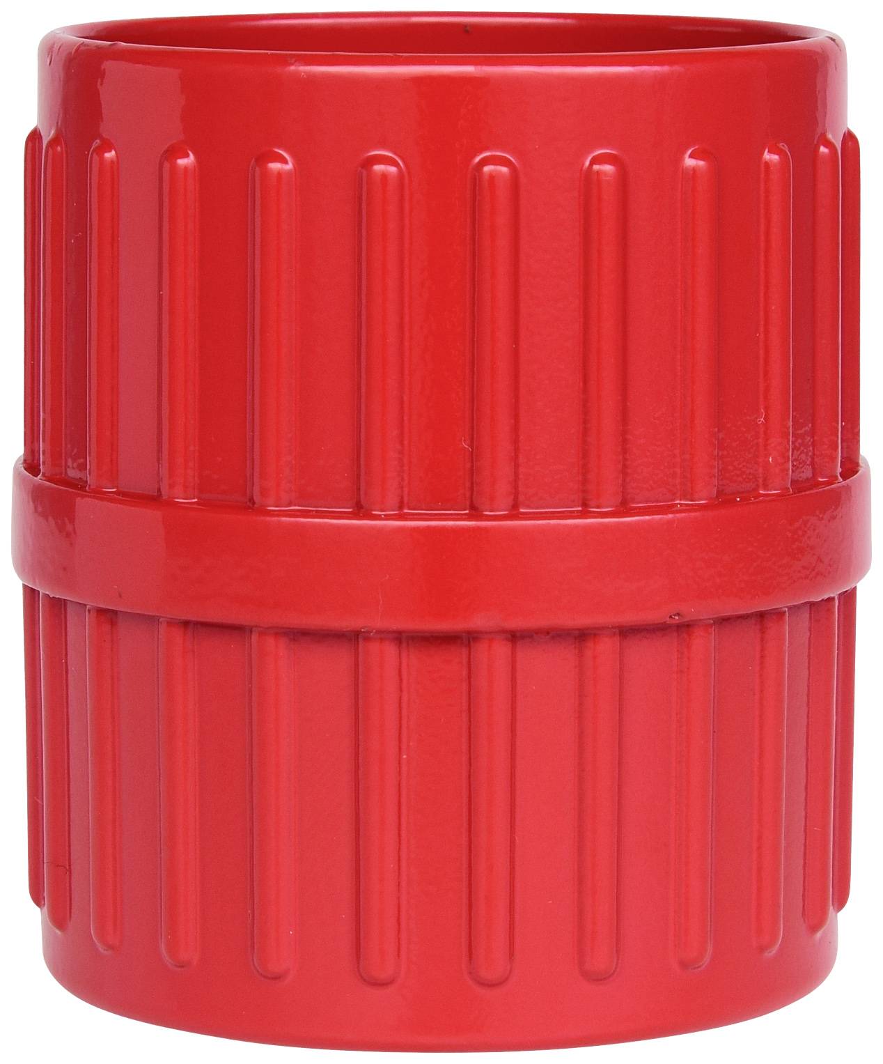 Roter, zylindrischer Behälter mit geriffelter Oberfläche, möglicherweise ein Mülleimer oder Wäschebehälter.