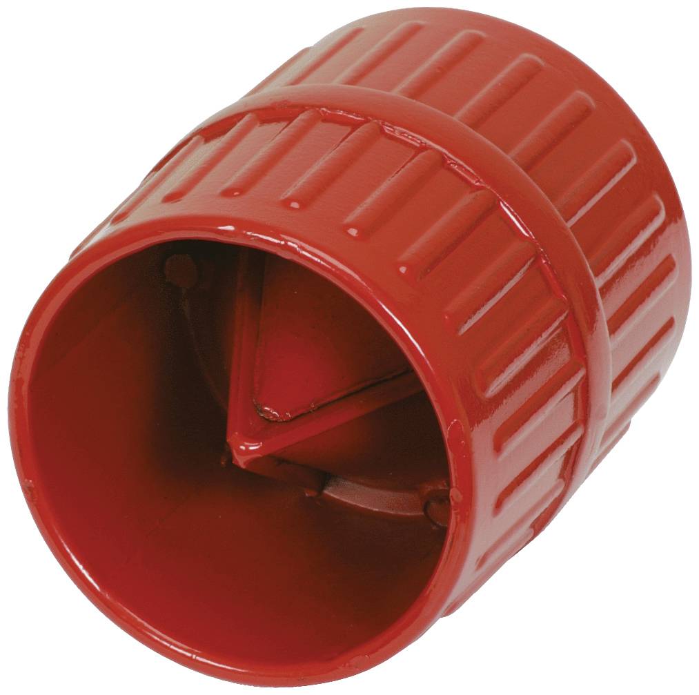 Roter Kunststoffzylinder mit gerippter Oberfläche und offenen Enden, vermutlich ein Bauteil oder Werkzeug.