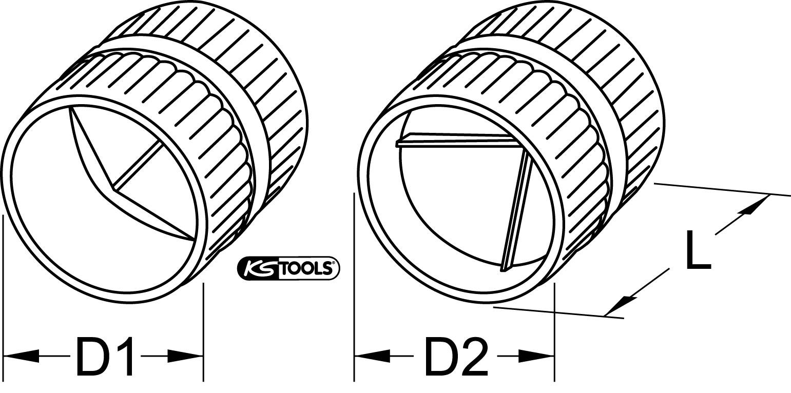 'Tubenschneider' Diagramm zeigt zwei Ansichten eines Tubenschneiders mit Beschriftungen D1, D2 und L, gekennzeichnet durch KS Tools Logo.