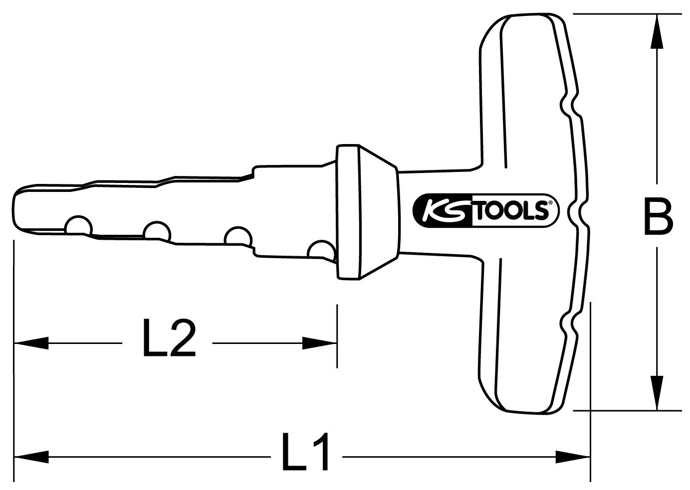 Technische Zeichnung eines T-Schlüssels mit den Abmessungen B, L1 und L2. Der Schlüssel hat das Logo 'KS TOOLS'.