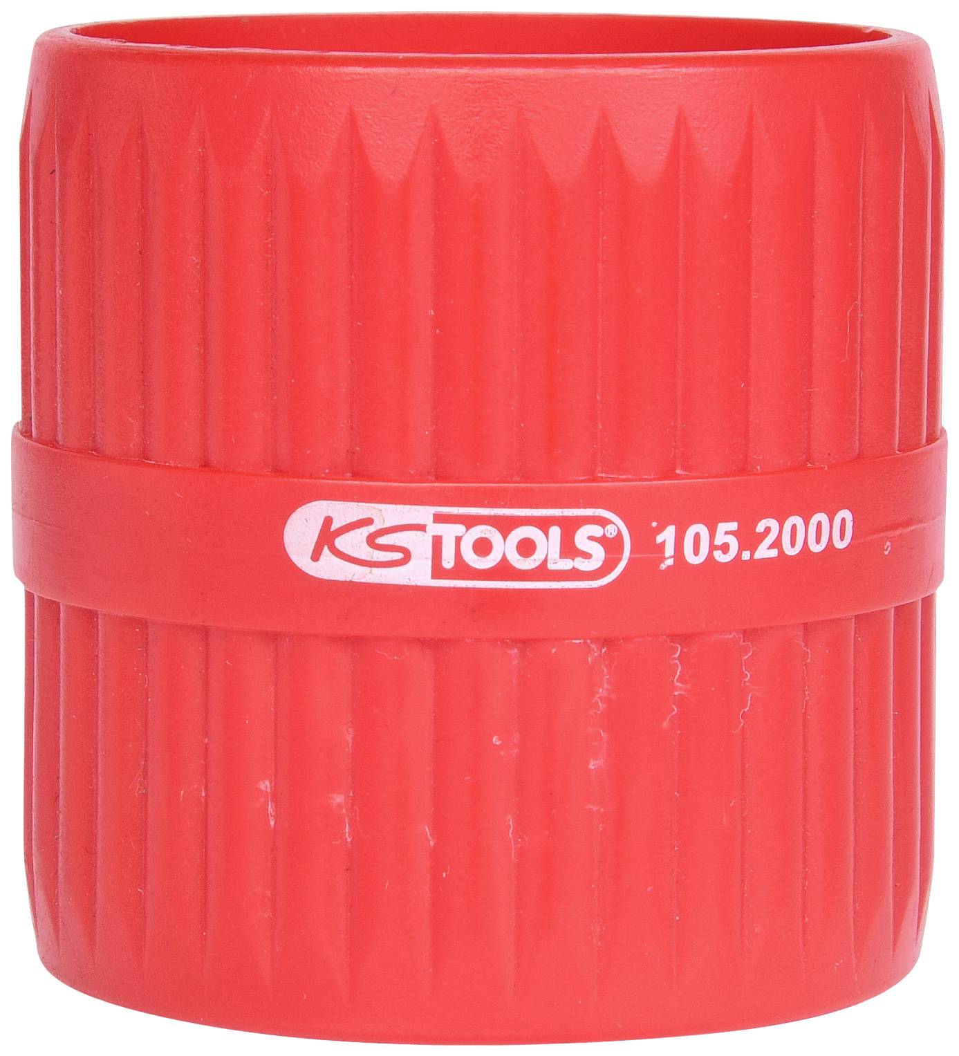 Roter Rohrentgrater mit geriffelter Oberfläche, aufgedrucktem Logo und Modellnummer '105.2000' von KS Tools.