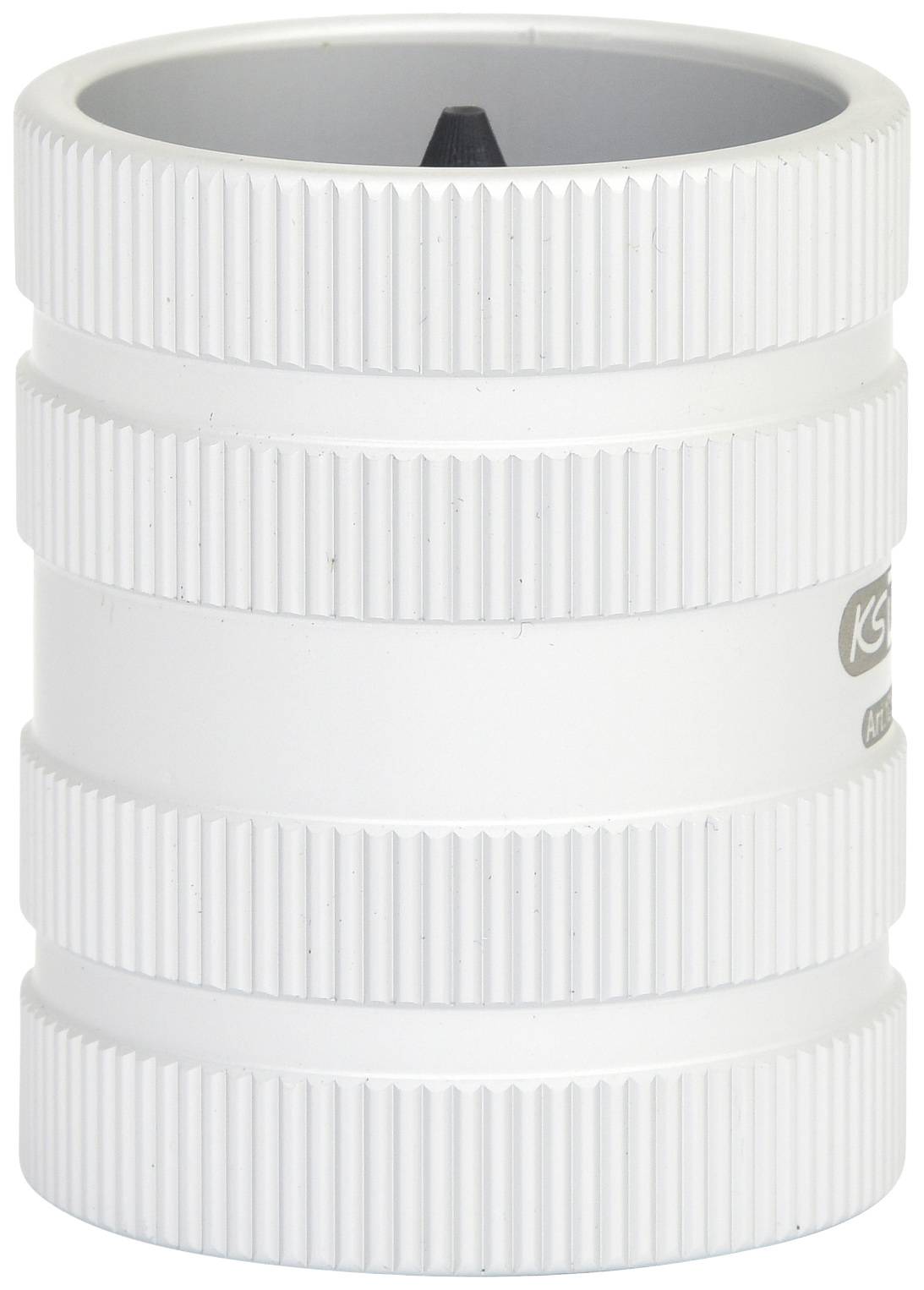 Weißer Bleistiftspitzer mit geriffeltem Griff und glattem, zylindrischem Design. Essentielles Schreibtischzubehör.