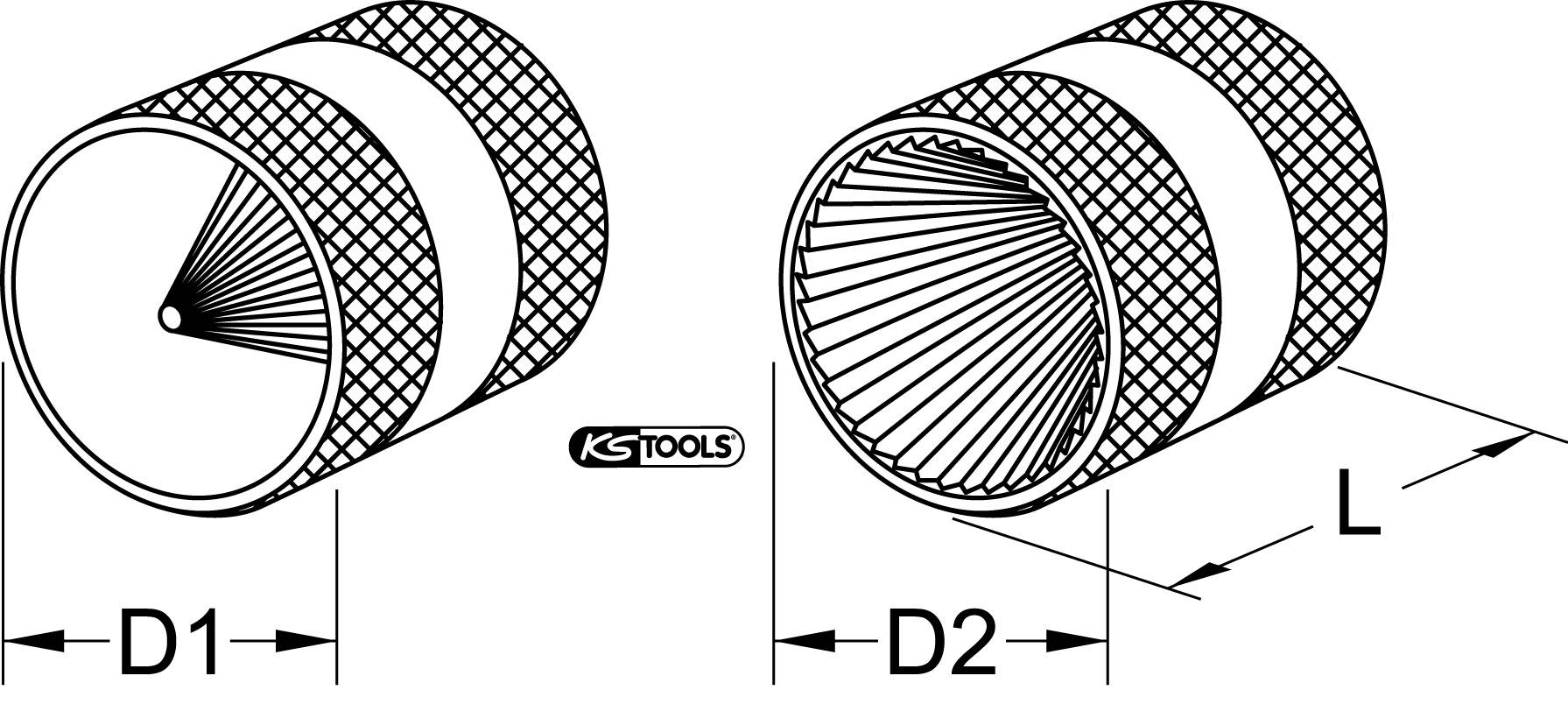 'KS Tools'-Illustration zeigt zwei Zylinder mit unterschiedlichen Durchmessern D1 und D2 sowie Länge L, beide mit geriffelter Oberfläche.