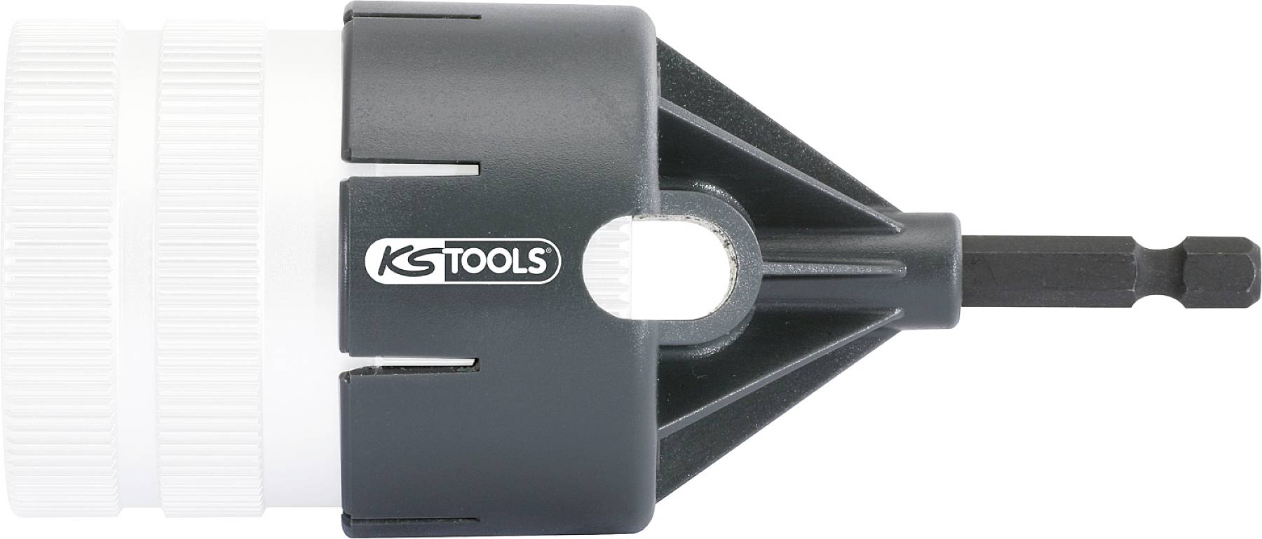 Werkzeug von KS Tools zur Entgratung, mit schwarzem Griff und einem weißen Teil, das zylindrisch ist. Eignet sich für Metallrohre.