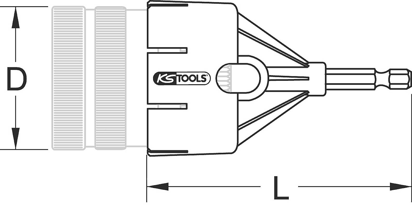 Abbildung eines Sechskant-Bit-Adapters, beschrieben mit 'KS Tools', zeigt die Maße D (Höhe) und L (Länge) zur Größenreferenz.