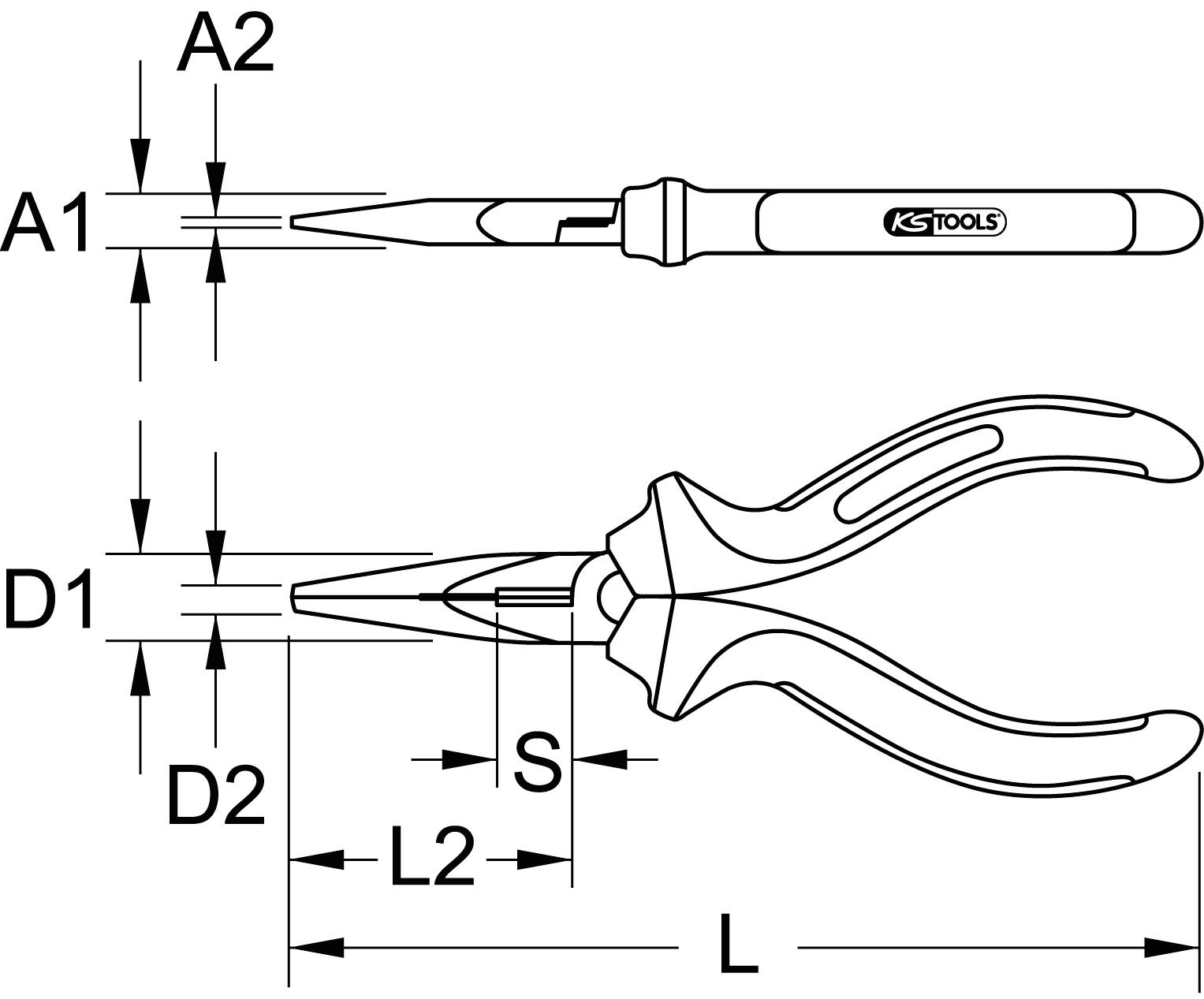 Technische Zeichnung einer Spitzzange mit Abmessungen: A1, A2, D1, D2, L2, L und S. Zange oben geöffnet, seitlich dargestellt.