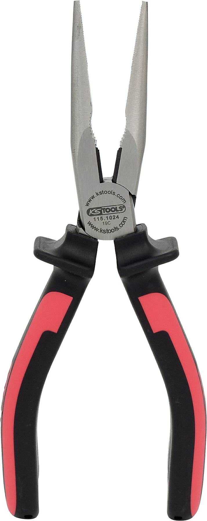 Spitze Zange mit schwarzen und roten Griffen, geeignet für präzises Greifen und Schneiden in handwerklichen Arbeiten.