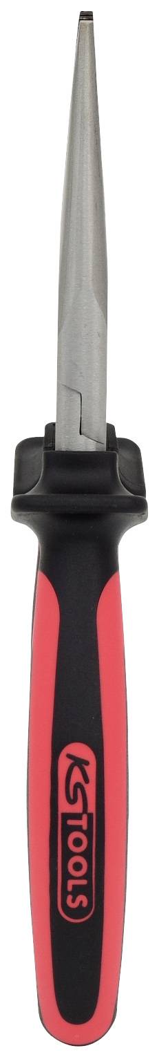 Ein roter Schraubenzieher mit langem, schmalem Metallkopf und schwarzem Griff mit markantem roten Streifen und Logo.