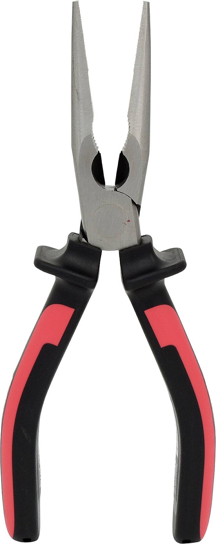 Spitzzange mit rot-schwarzen Griffen. Geeignet zum Festhalten und Biegen von Drähten oder kleinen Gegenständen in handwerklichen Arbeiten.