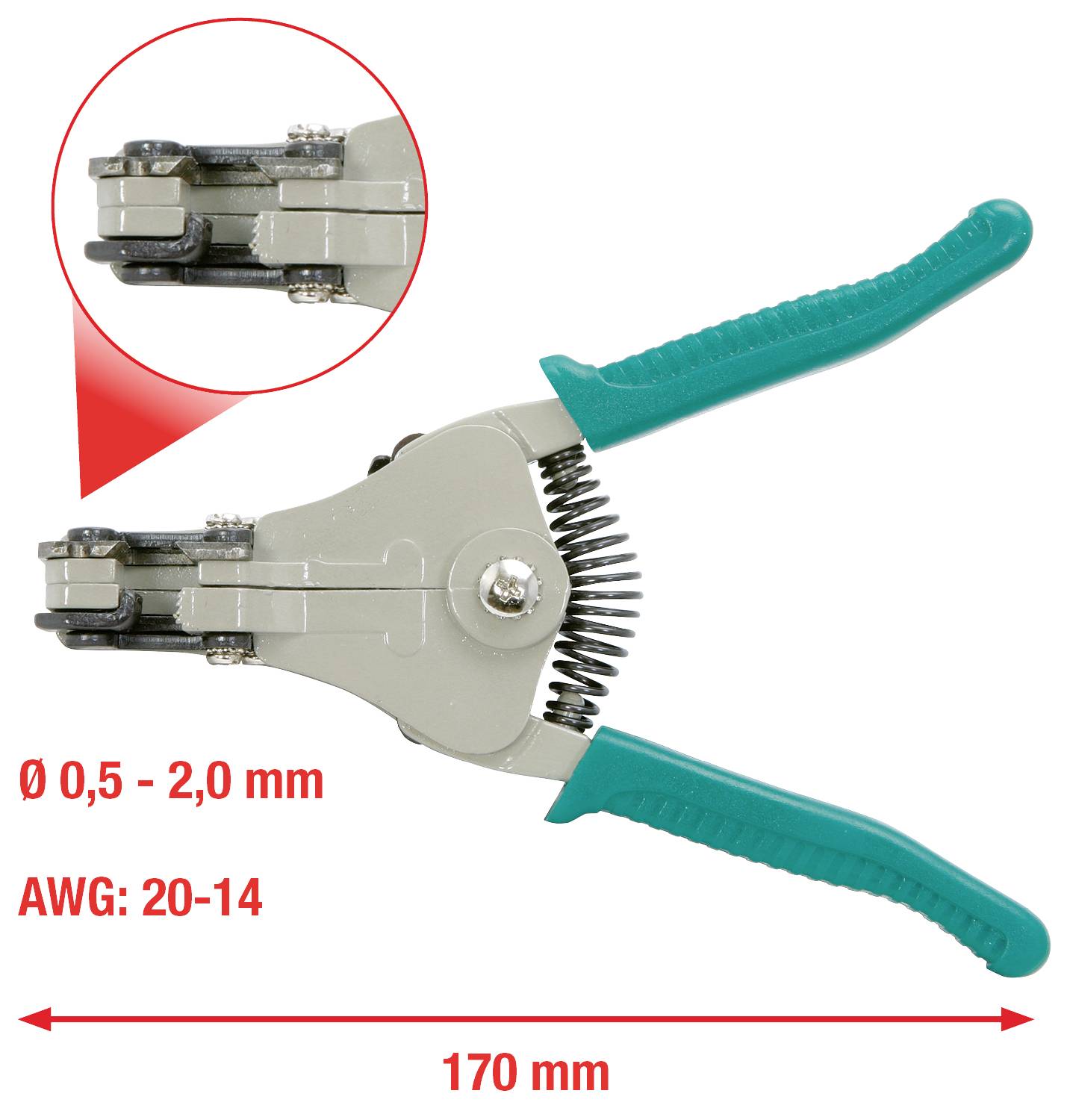 Abisolierzange mit grünem Griff, geeignet für Kabeldurchmesser von 0,5 bis 2,0 mm und AWG 20-14. Länge: 170 mm.