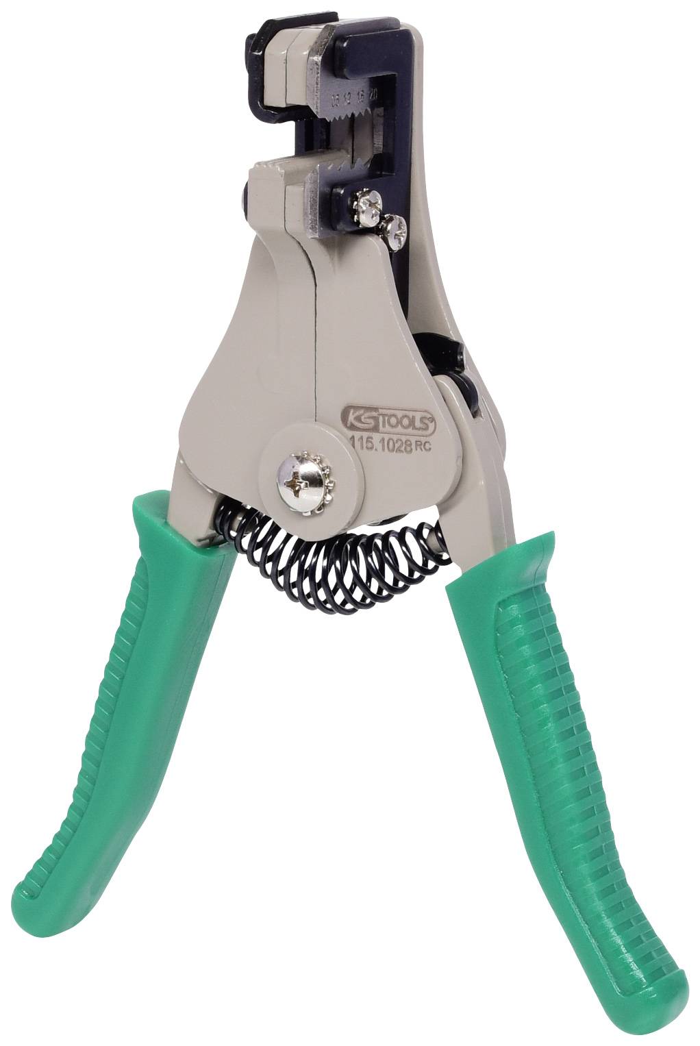 Abisolierzange mit grauem Körper und grünen Griffen, geeignet zum Abisolieren von Drähten.
