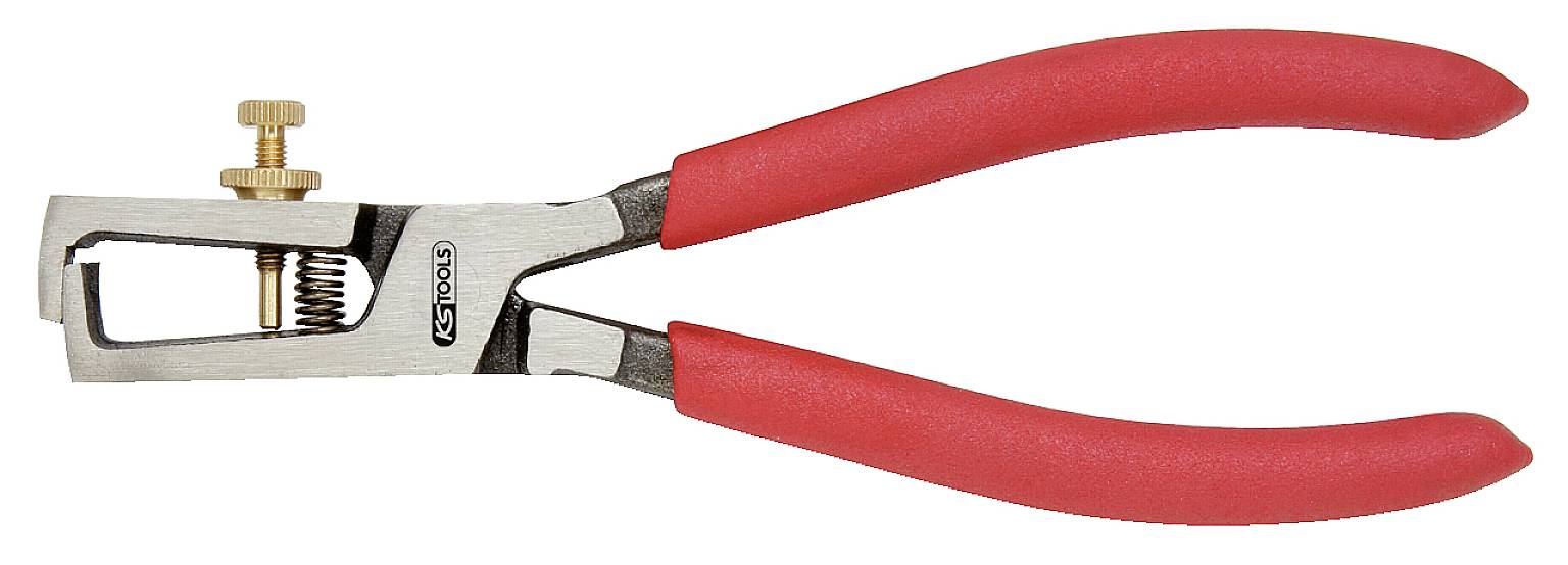 Eine rote Abisolierzange mit verstellbarer Schraube und Federmechanismus auf weißem Hintergrund.