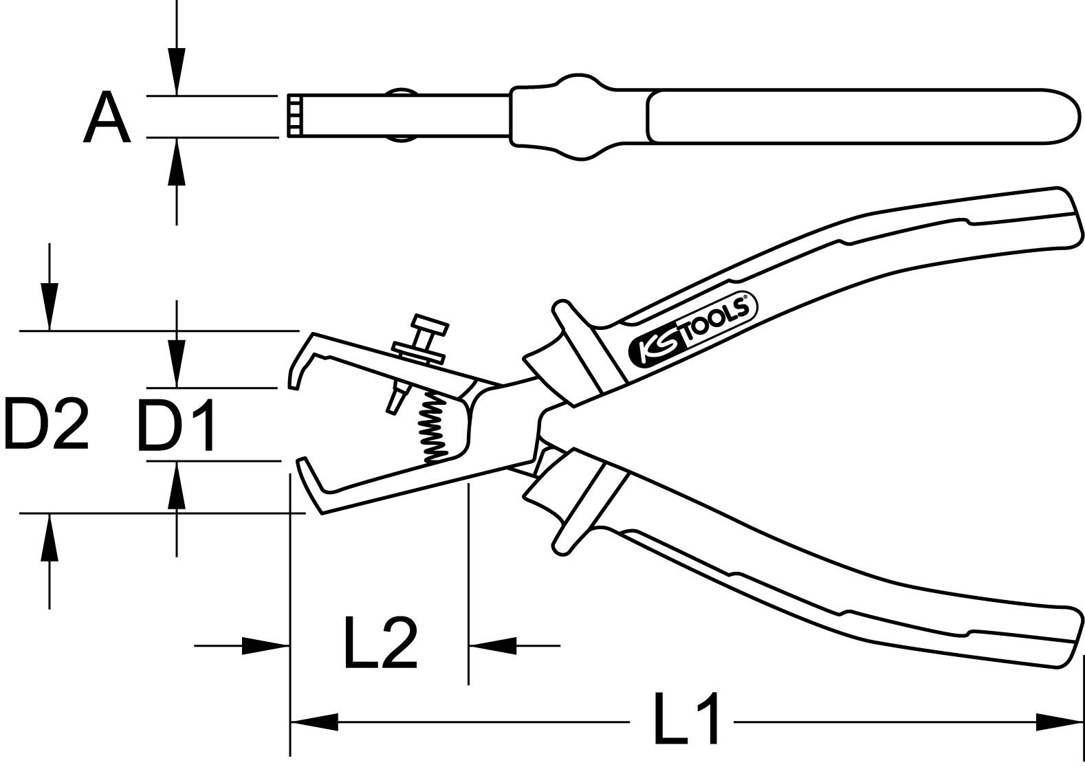 Abbildung zeigt eine Spezialzange zur Bearbeitung von Rohren mit den Maßen L1, L2, D1, D2 und A. Markenname KS Tools sichtbar.