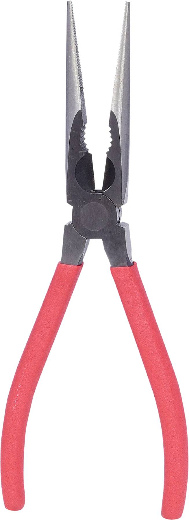 Eine rote Spitzzange mit Metallspitzen, geeignet für präzise Arbeiten wie das Greifen kleiner Objekte oder das Biegen von Draht.