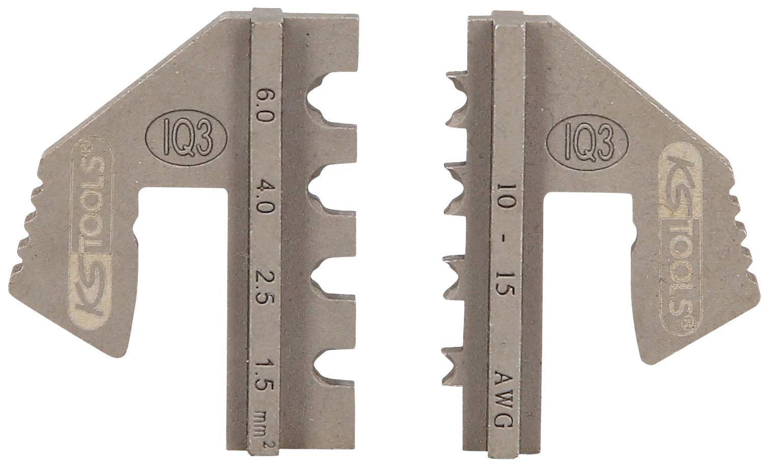 Zwei Crimpeinsatz-Backen von KS Tools, Modell IQ3, von 0,5 bis 6,0 mm² und 10 bis 15 AWG, mit Zahnung für Kabelcrimpen.