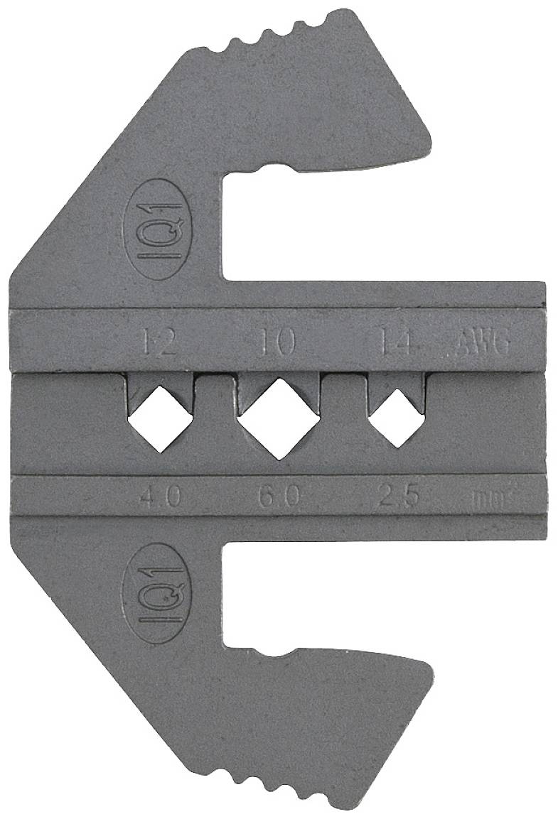 Graues multifunktionales Metallwerkzeug mit verschiedenen Öffnungen und Markierungen zur Bestimmung von Drahtgrößen und Messwerten.