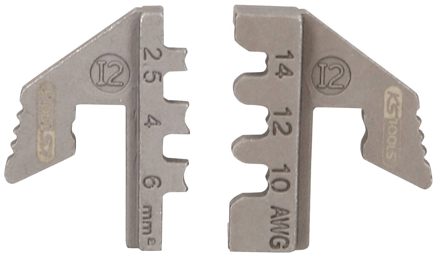 Zwei Metallteile für das Abisolieren von Kabeln, gekennzeichnet mit Größenangaben 'mm' und 'AWG', rechts mit KS Tools-Logo.