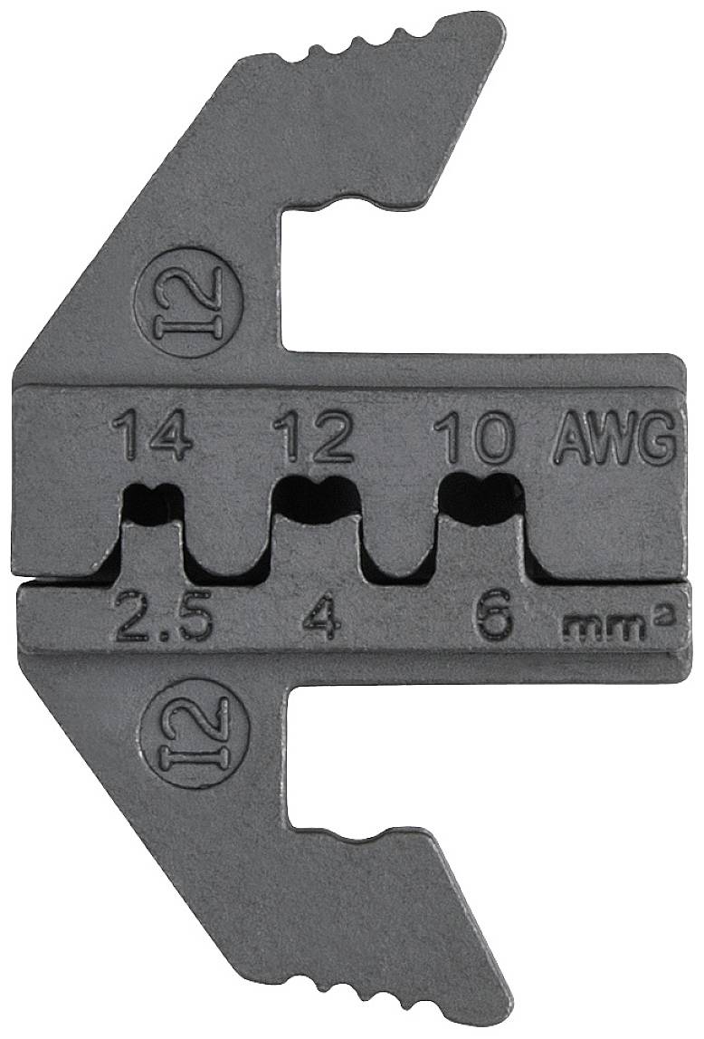 Ein schwarzer Drahtschneiderkopf mit gekennzeichneten Öffnungen für unterschiedliche Drahtstärken, von 12 bis 6 mm² und AWG 14 bis 10.