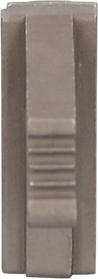 Metallischer Gegenstand in rechteckiger Form mit feinen horizontalen Linien in der Mitte, vor einem weißen Hintergrund.