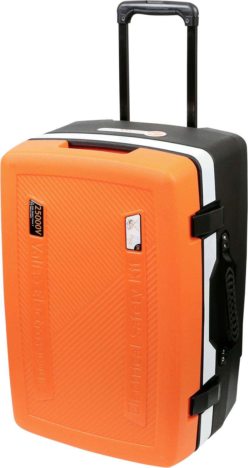 Ein orange-schwarzer Werkzeugkoffer mit Rollen und Griff. Großer, robuster Aufbau, geeignet zum Transport von Werkzeug und Ausrüstung.