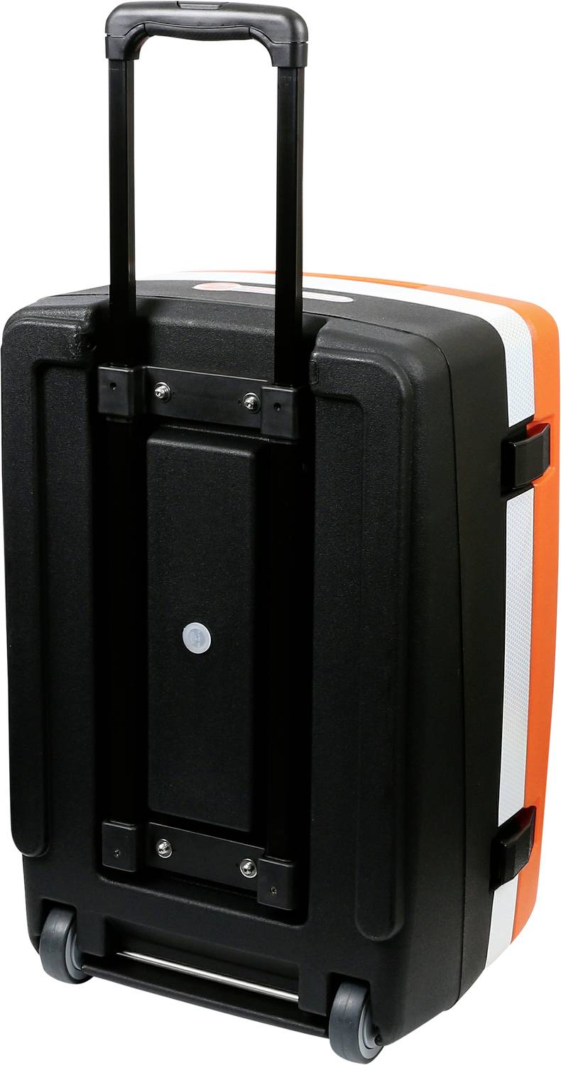 Ein schwarzer Koffer mit orangenen Streifen und ausziehbarem Griff. Der Koffer hat zwei Rollen und ist aufrecht stehend abgebildet.
