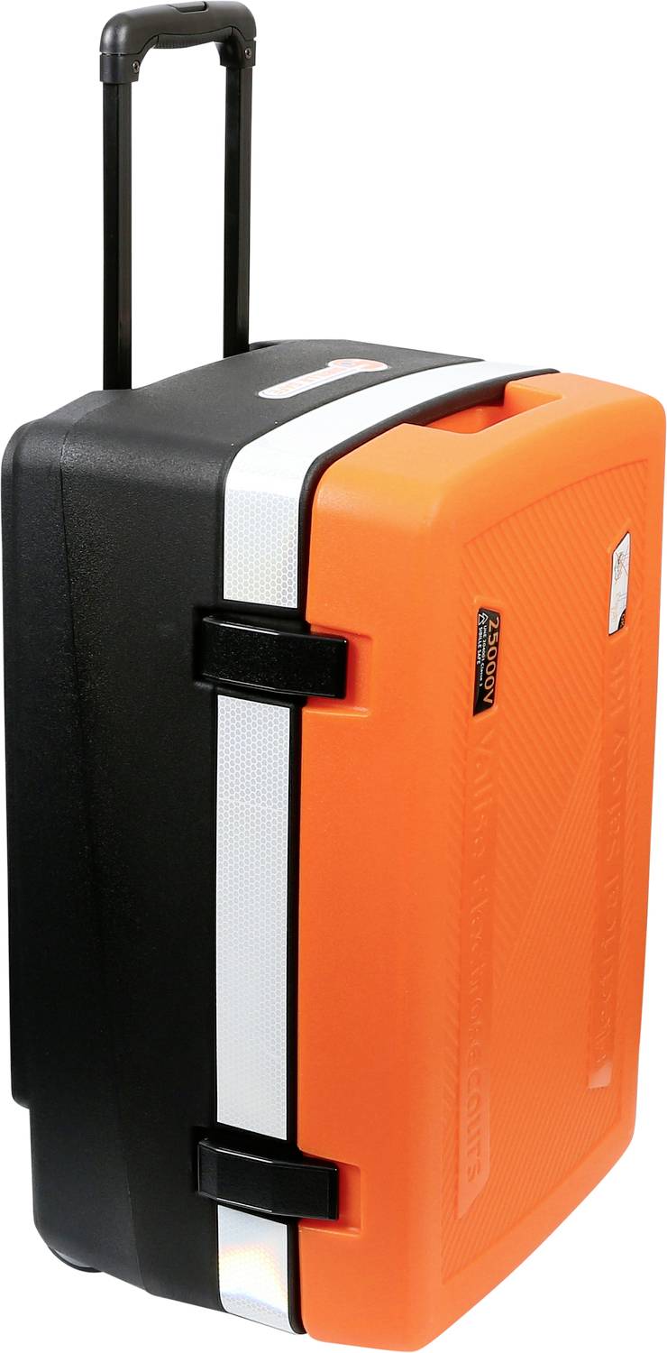 Ein schwarz-orangefarbener Hartschalenkoffer mit Griff und Rollen, geeignet für den sicheren Transport von Werkzeugen oder Ausrüstung.