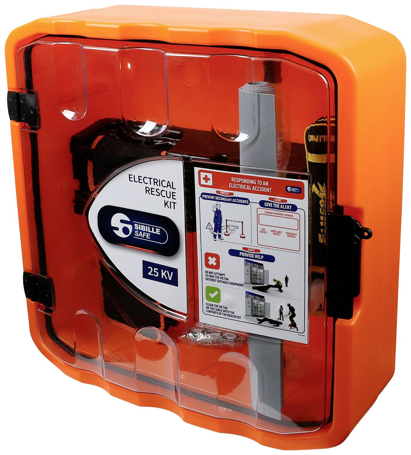 Ein orangefarbener Kasten mit der Aufschrift 'Electrical Rescue Kit 25 KV'. Darin befinden sich Anweisungen zur Rettung bei Stromunfällen.