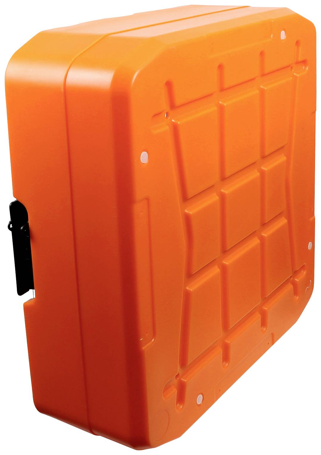 Ein orangefarbener, robuster Kunststoffkoffer mit einem verriegelbaren Verschluss, geeignet zur sicheren Aufbewahrung von Werkzeugen oder Ausrüstung.